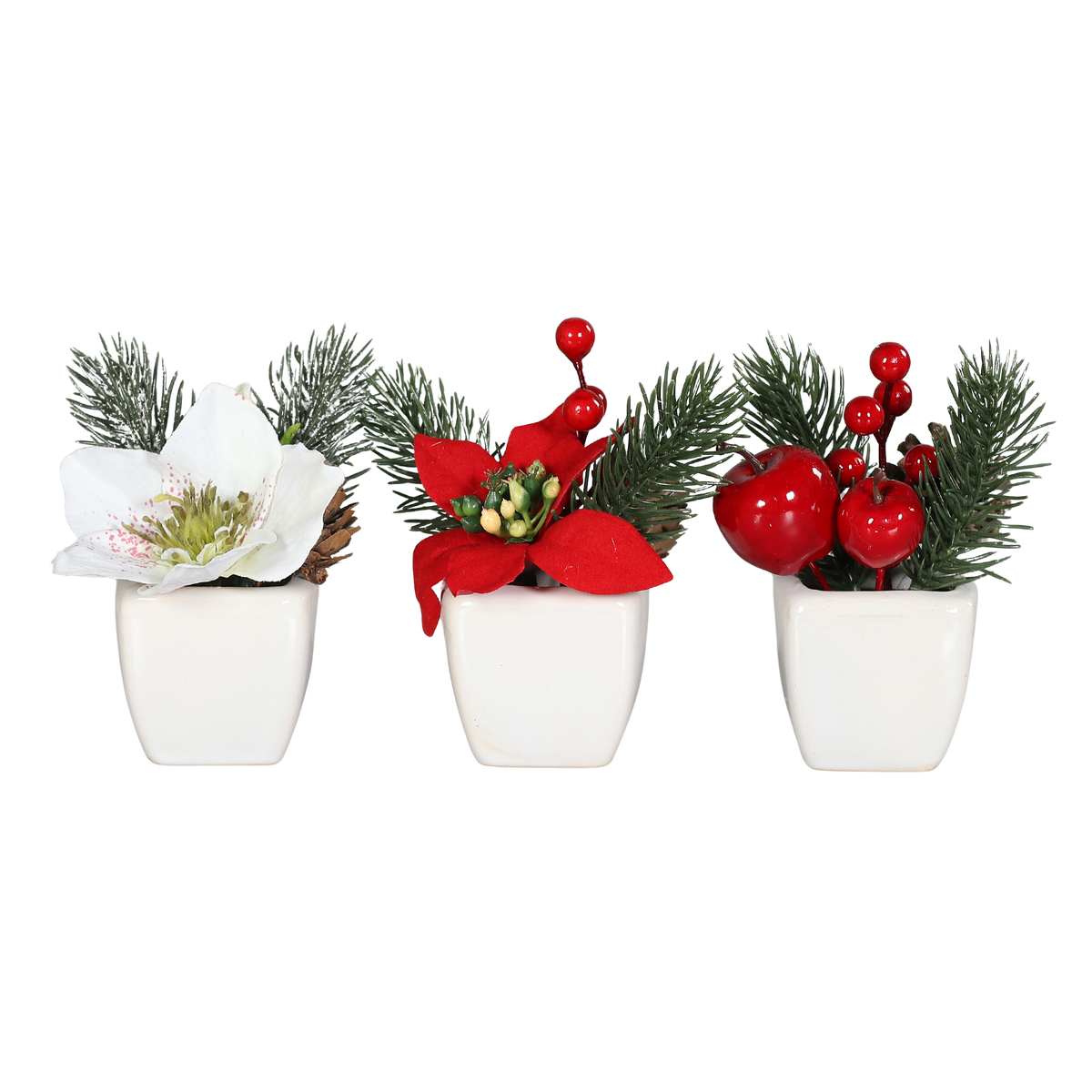 Künstliches Weihnachts-Arrangement - Brisu, 12 cm, Kunstpflanze von aplanta, inkl. Dekotopf, 3 Stück, in weißer Schale