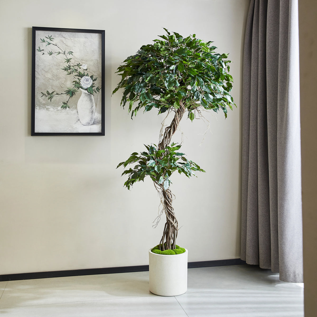 Künstlicher Ficus - Seraphius, 180 cm, Kunstbaum von aplanta, mit Echtholzstamm, inkl. Startertopf, in Grün, für drinnen