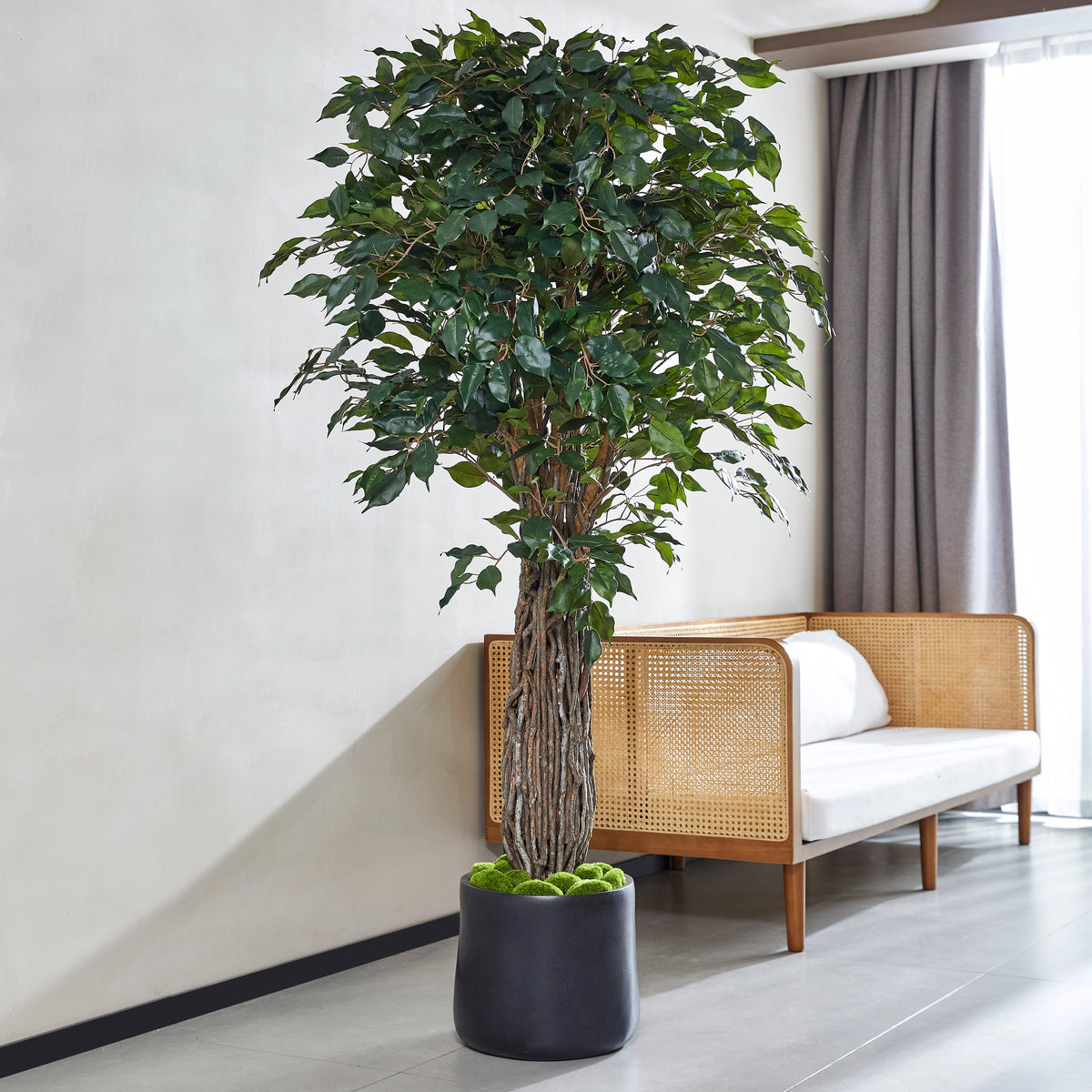 Künstlicher Ficus - Amadior, 180 cm, Kunstbaum von aplanta, mit Echtholzstamm, UV-beständig, inkl. Startertopf, in Grün